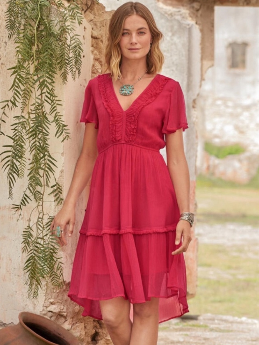 SUNDANCE Monaco Meet Up Dress Boho Tiered Flutter Sleeve Size Small - Picture 1 of 8
